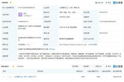 立讯精密斥资5000万元于六安成立新公司，聚焦计算机软硬件及配件领域